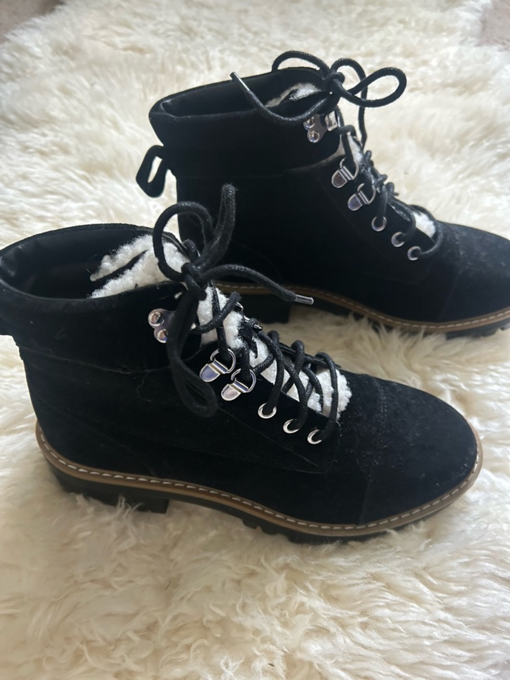 Time and Tru Black Lace-Up Faux Suede Ankle Boots with Shearling Collar